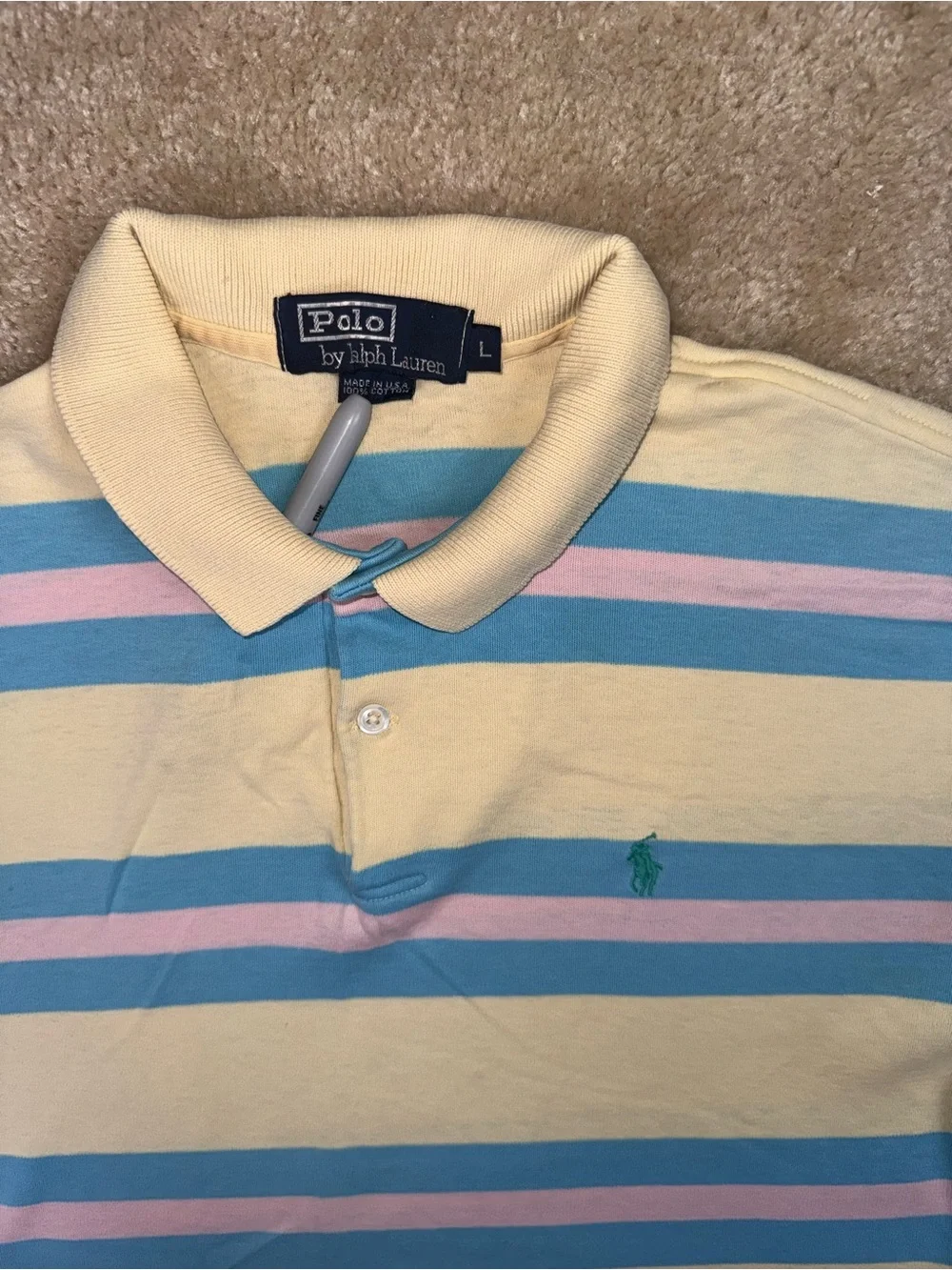 Polo Ralph Lauren Polo Shirt Mens L Yellow Blue Stripe Pink Casual